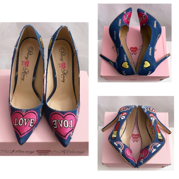 EUC Penny Loves ❤️Kenny Blue Denim Multi Patches designs Heels-Size 7 - Picture 4 of 9
